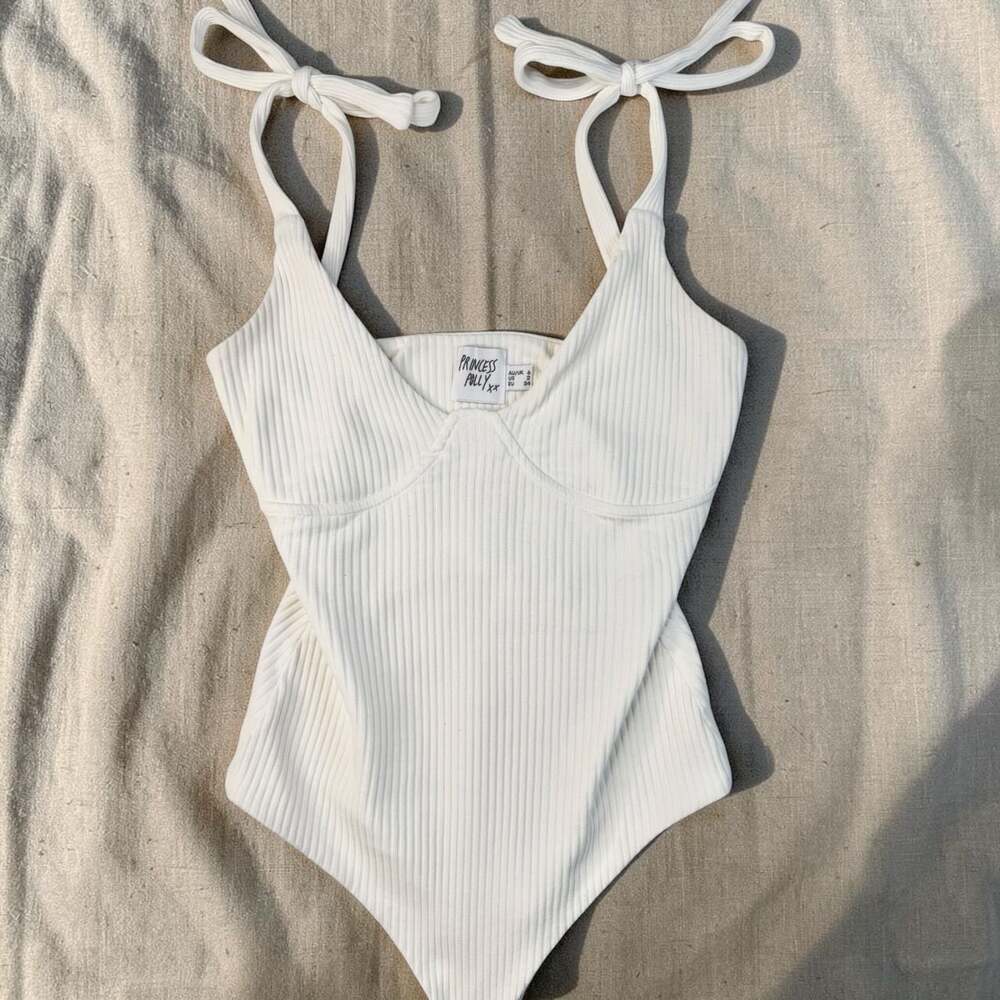 Princess Polly White Ribbed Tie-Shoulder Bodysuit Size 2